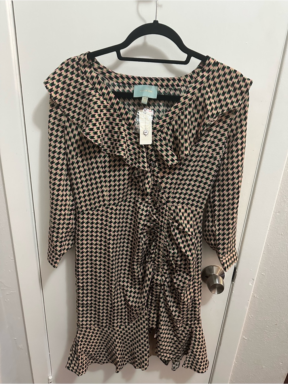 Anthropologie Beige and Black Houndstooth Ruffle Dress
